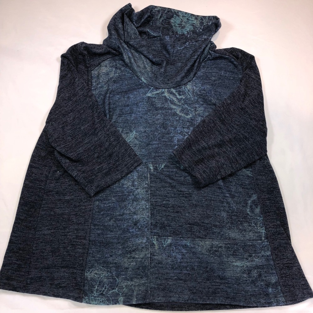 Blue Floral Cowl Neck Pullover Knit Top Mixed Media Pocket 3/4 Sleeve XL